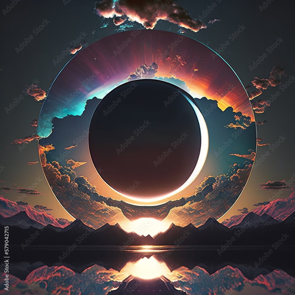 hybrid solar eclipse, holographic, futuristic, evening scene in the sky ...