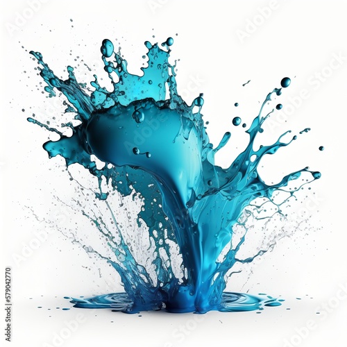 Isolated blue splash of water splashing on a white background water paint watercolor everywhere drops transparent effect illustration liquid motion moment stopped explosion Generative AI