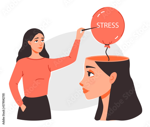 Stress Awareness. A young woman bursts a stress bubble in her head. Stress management, depression. Mental health. Flat vector illustration.