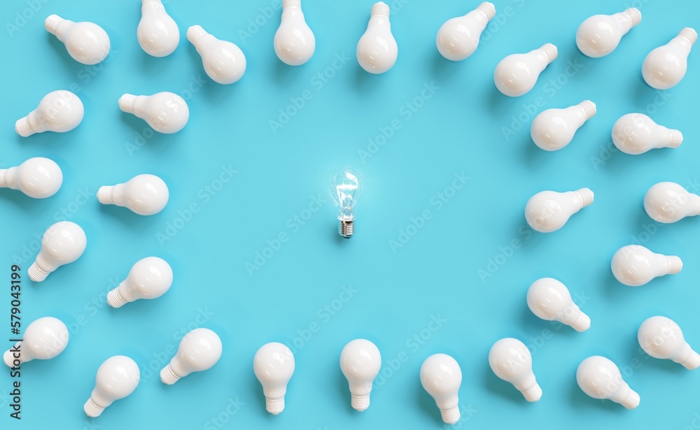Outstanding Lighting bulb layout made with Many Lighting bulb on pastel blue background. Minimal idea concept background. Creative copy space. Flat lay. 3D Render