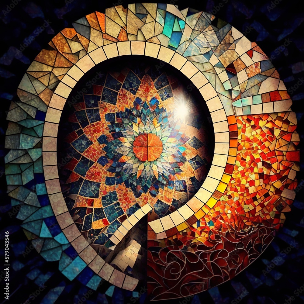 mosaic winding twisting figure in religious place 
pool deepen crown pieces tiles pattern glass swirl Generative AI 
