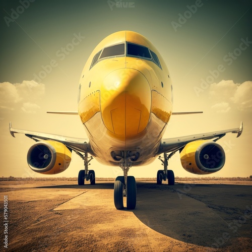 yellow modern passenger plane the runway directly fly travel vacation engine window clouds rolls pilot landing airport security pavement close-up iron paved airstrip polishing wings Generative AI