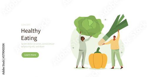 Healthy eating. Character holding fresh organic vegetables from farmers market.  Balanced vegetarian and vegan diet concept. Vector illustration.
