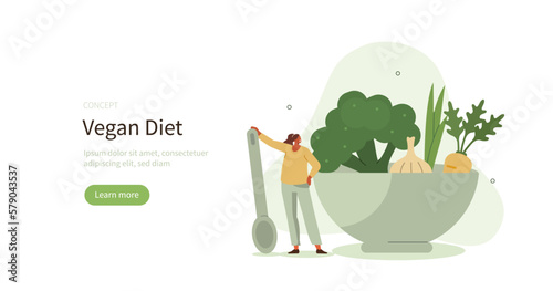 Healthy eating. Character cooking fresh salad from locally grown organic vegetables. Balanced vegetarian and vegan diet concept. Vector illustration.
