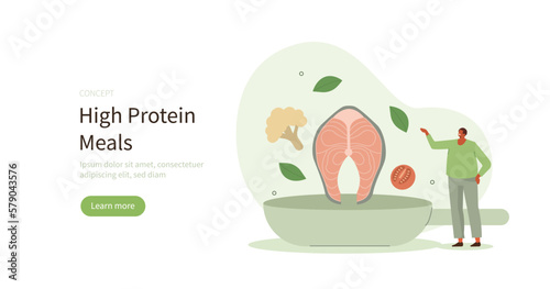 Healthy eating. Character cooking high proteins meal from locally grown organic vegetables and fish. Balanced fitness diet concept. Vector illustration.