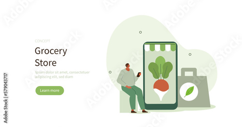 Grocery products. Character buying organic vegetable by mobile farmers market. Local produce support and farm to table concept. Vector illustration.
