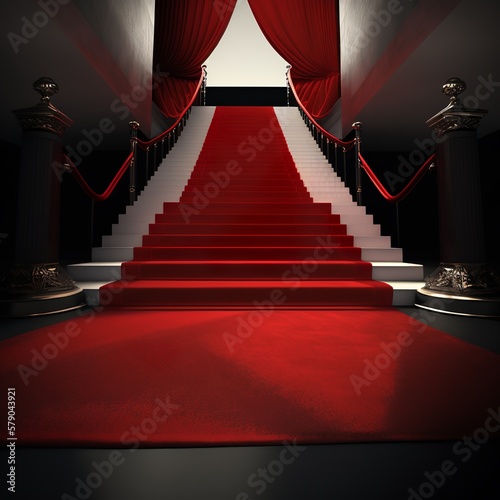 red carpet on the stairs in the building high interior gate door kingdom insolence entrance luxury way walk palace castle castle award ceremony from bottom to top from modern baroque Generative AI