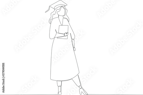 A woman graduated from her university. Graduation one-line drawing