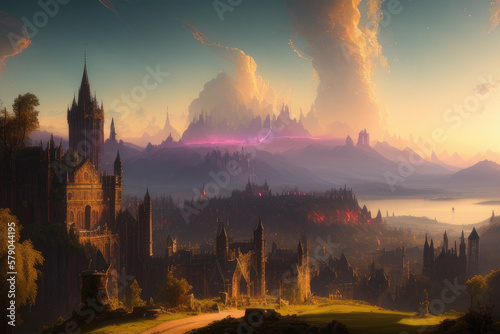 medieval town with a sunsen in the horizon created with Generative AI technology