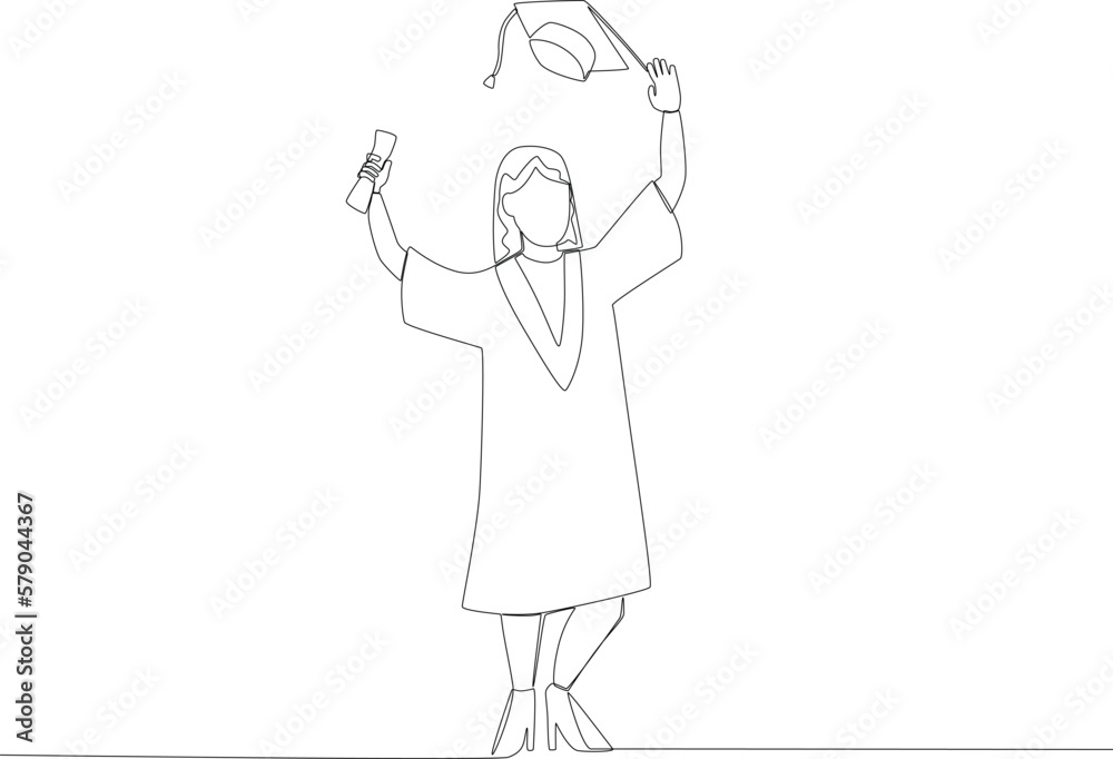A cheerful woman who graduated with her education. Graduation on- line drawing A cheerful woman who graduated with her education. Graduation on- line drawing