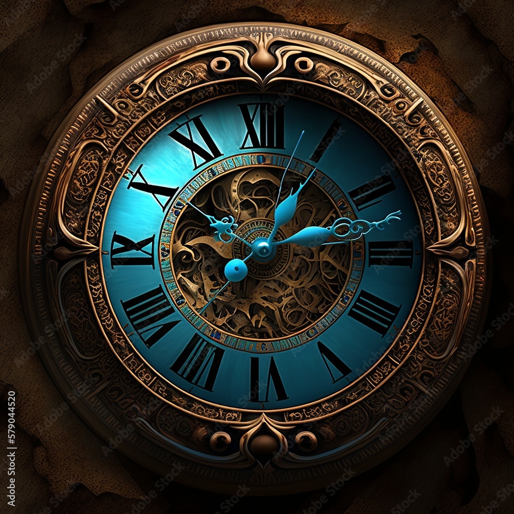 wall clock with Roman numerals brown and blue hour hand with black background time ornate time copper bronze old stylish antique Generative AI 