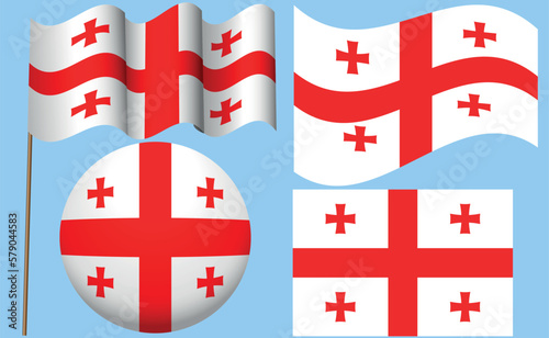 Georgian flag. Georgia national symbols - waving flag, round badge icon