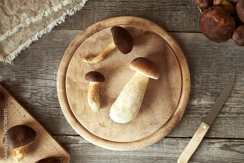 Porcini and other wild edible mushrooms on a wooden table © Madeleine Steinbach