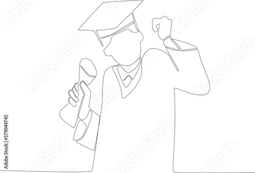 A man clenched his fist while holding a certificate. Graduation one-line drawing