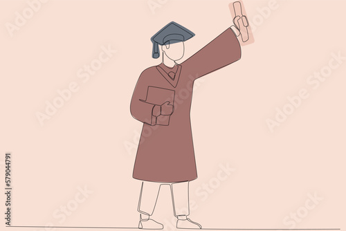 A colorful design of a graduate holding a certificate. Graduation one-line drawing