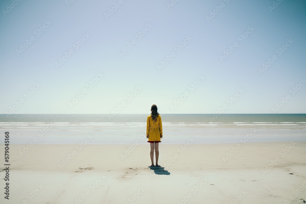 Woman standing on beach, facing the ocean (AI generated)