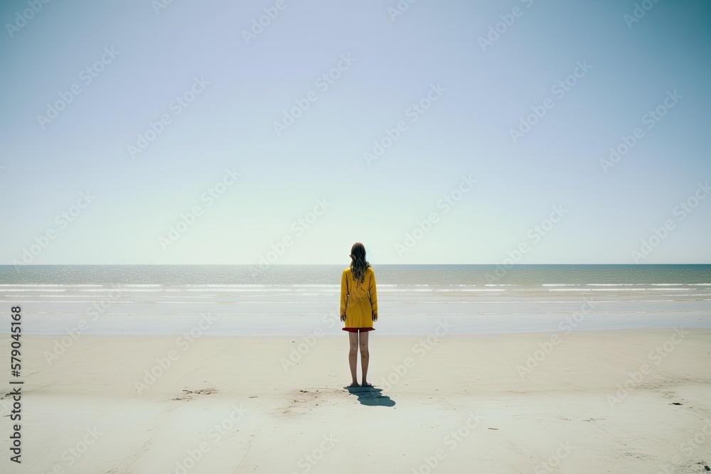 Woman standing on beach, facing the ocean (AI generated) Woman standing on beach, facing the ocean (AI generated)