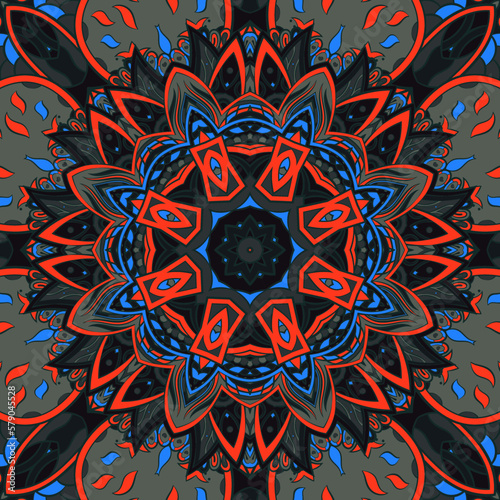 Seamless tile texture. Tracery mehndi design image. Dark toxic colors. Ethnic doodle art. Curved doodling picture. Vector