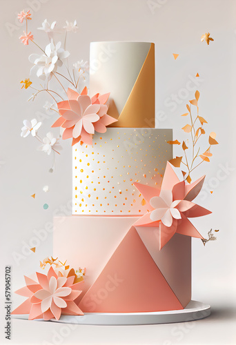 an elegant ornate, flower & nature themed wedding cake, ai generated photo