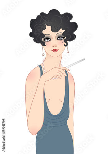 Art Deco vintage illustration of flapper girl. Retro party character in 1920s style. Vector design for glamour event or jazz party.