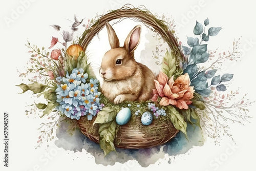 Happy Easter Beautiful Watercolor Bunny In Basket With Spring Flowers And Colorful Easter Egg Illustration, Easter Day, Generative Ai
