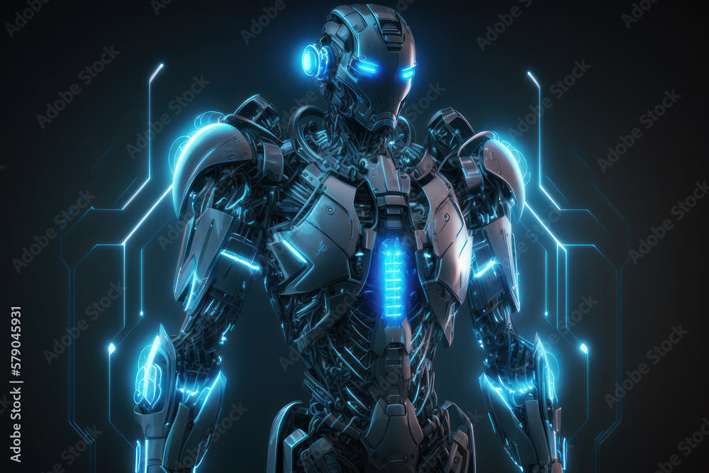 Robot, neon blue color. AI generative.