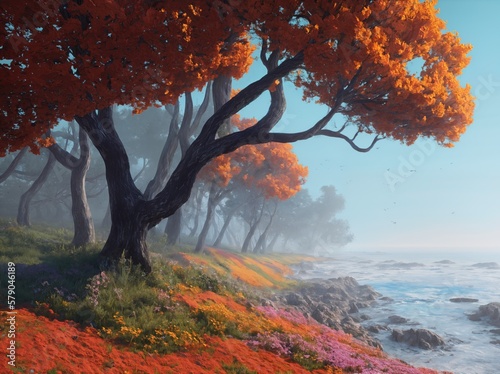 landscape painting of forest with flowers with lake shore  generative art