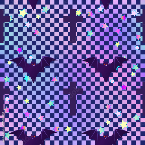 Kawaii funny spooky seamless pattern with chequer. Halloween wrapping paper background, neon pastel colors. Cute gothic style. Vanilla rainbow concept.