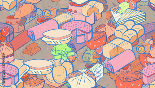 Background pattern abstract design texture. Seamless. Snacks and Bakery products. Theme is about wrapped up, fish, Khinkali, roll, piece, braid, cake, salmon, slice, tartlet, twisted, vitamins