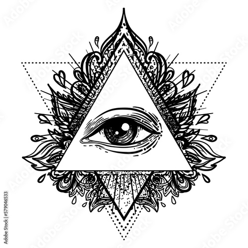 Blackwork tattoo flash. Eye of Providence. Masonic symbol. All seeing eye inside triangle pyramid. New World Order. Sacred geometry, religion, spirituality, occultism. Isolated vector illustration.
