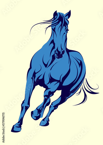 Running horse in contours. Vector illustration of a running horse in blue tones. Sketch for creativity.