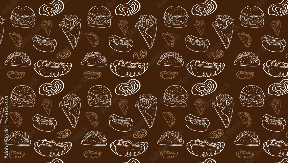 Fast Food Related Seamless Pattern and Background with Line Icons. Editable Stroke Junk Food Related Seamless Pattern and Background Fast Food Related Seamless Pattern and Background with Line Icons. Editable Stroke Junk Food Related Seamless Pattern and Background