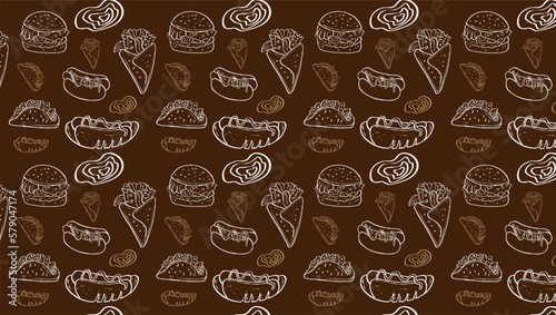 Fast Food Related Seamless Pattern and Background with Line Icons. Editable Stroke Junk Food Related Seamless Pattern and Background © Setia69