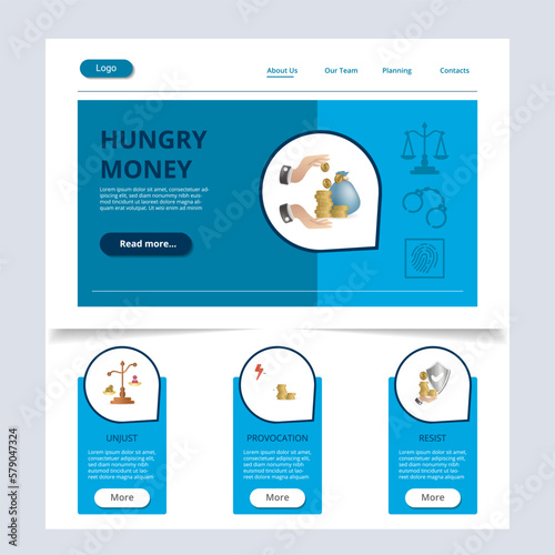 Hungry money flat landing page website template. Unjust, provocation, resist. Web banner with header, content and footer. Vector illustration.
