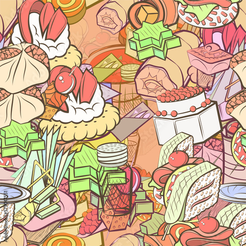 Background pattern abstract design texture. Seamless. Snacks and Table setting. Theme is about salad, stuffed cabbage, holes, biscuit, cloth napkin, dough, meat, soup, basket, jelly, onigiri