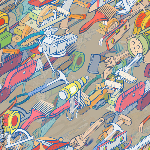 Background pattern abstract design texture. Seamless. Building tools and Repair. Theme is about woodworking, paint brush, spins up, water pipes, shavings, mounting, shine, segmented, compression