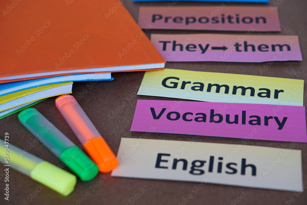 Word cards with text for teaching. English grammar vocabulary. Concept