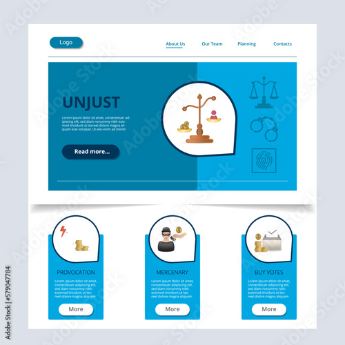 Unjust flat landing page website template. Provocation, mercenary, buy votes. Web banner with header, content and footer. Vector illustration.