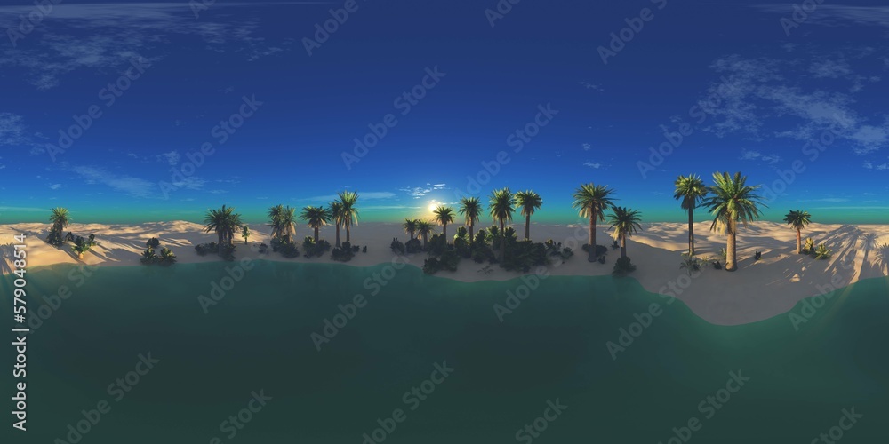 Oasis at sunset in a sandy desert. Environment map. HDRI . equidistant projection. Spherical panorama. panorama 360, 3d rendering