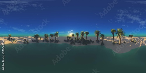 Oasis at sunset in a sandy desert. Environment map. HDRI . equidistant projection. Spherical panorama. panorama 360  3d rendering