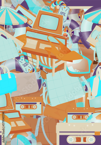 Background pattern abstract design texture. Seamless. Theme is about cassette, tropical, cartoon, composition, candy watches, flip-flops, illustration, store, diving, women, Tote, walking shoes
