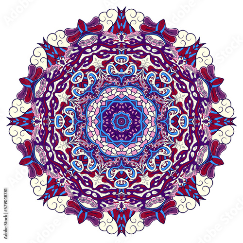 Mandala. Tracery wheel image. Mehndi design. Ethnic doodle art. Curved doodling picture. Vector