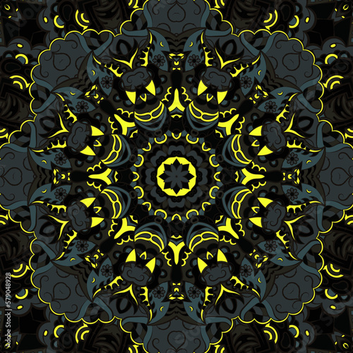 Seamless tile texture. Tracery mehndi design image. Dark toxic colors. Ethnic doodle art. Curved doodling picture. Vector