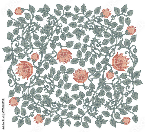Floral vintage squared pattern for retro wallpapers. Enchanted Vintage Flowers. Arts and Crafts movement inspired. Design for wrapping paper, wallpaper, fabrics and fashion clothes.