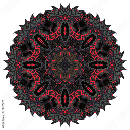 Mandala. Tracery wheel image. Mehndi design. Dark toxic colors. Ethnic doodle art. Curved doodling picture. Vector