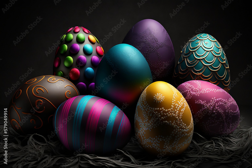 Easter Color Eggs, Dark Photo Realistic Background, Easter Day, Generative Ai