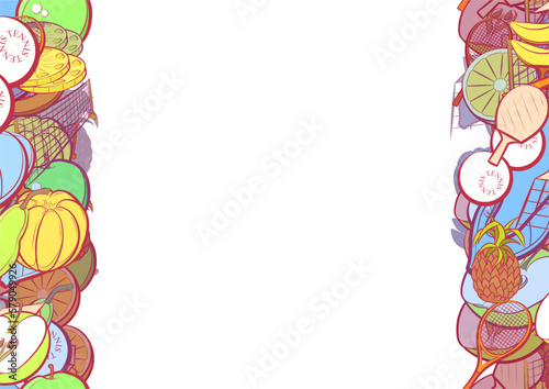 Background pattern abstract design texture. Tennis and Fruits. Vertical seamless stripes. Border frame, transparent background. Theme is about pear, half, couple, netting, round grapes, pin
