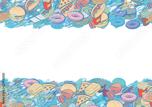 Background pattern abstract design texture. American food and Cutlery. Horizontal seamless stripes. Border frame, transparent background. Theme is about Potato Maker, waffles, spatula, bakery products
