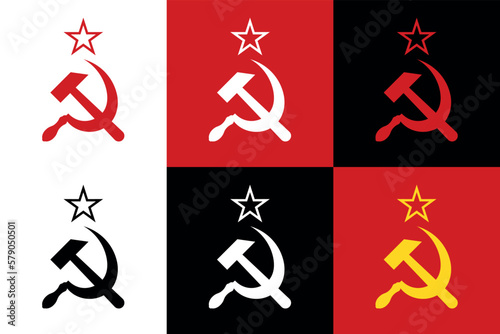 Soviet coat of arms icon, hammer and sickle. Emblem of the USSR with a star. Symbol of communism and country.