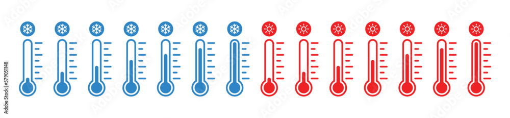 Temperature icon set. Temperature scale icon symbol. Weather sign. Thermometer icons. Warm and cold air temperature symbol in color style for apps and websites, vector illustration Temperature icon set. Temperature scale icon symbol. Weather sign. Thermometer icons. Warm and cold air temperature symbol in color style for apps and websites, vector illustration